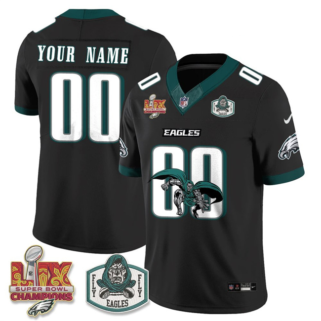 Men's Philadelphia Eagles x Green Cape Villain Active Player Custom Black F.U.S.E. 2025 Super Bowl LIX Champions Patch Edition Stitched Football Jersey